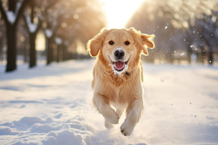 Friendly happy dog running at fast pace towards the camera in a city park on snowy winter day. Walking a dog outdoors. Generative AI.の素材