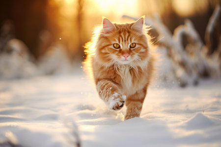 Cute fluffy red cat running in snowy winter forest on sunny evening. Generative AI.の素材