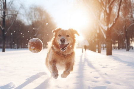 Friendly happy dog running at fast pace towards the camera in a city park on snowy winter day. Walking a dog outdoors. Generative AI.の素材