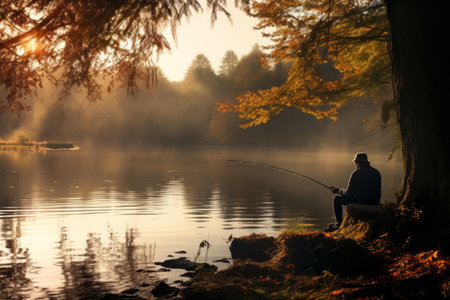 Senior man fishing on the lake on sunny autumn evening. Elderly fisherman spending time in nature. Leisure and hobbies for retired people. Generative AI.の素材
