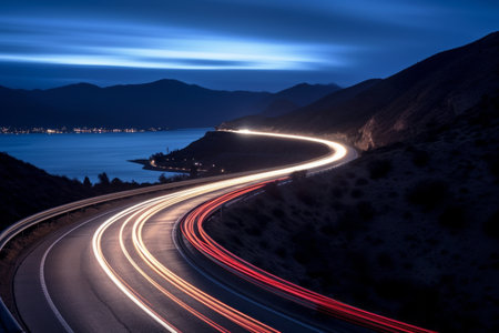 Cars light trails at night in a curve asphalt road at night. Long exposure image of a highway at night. Generative AI.の素材