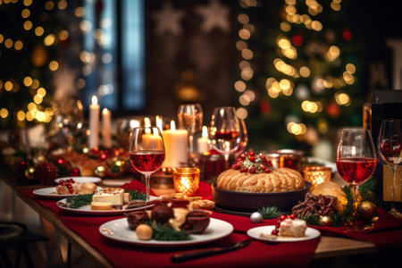 Christmas festive table setting with candles and holly berry plants. Celebrating New Year. Generative AI.の素材