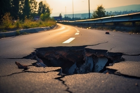 A hole in the ground in the middle of the road. A large pit in the asphalt due to a pipeline accident. Generative AI.の素材