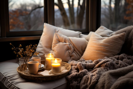 Cozy warm winter composition with soft pillows, cozy blanket and snowy landscape on winter day. Winter home decor. Christmas. New Years Eve. Generative AI.の素材