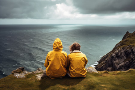 Young couple wearing yellow raincoats sitting on the edge of a cliff with huge waves rolling ashore. Rough Irish weather. Beautiful nature of Ireland. Generative AI.の素材
