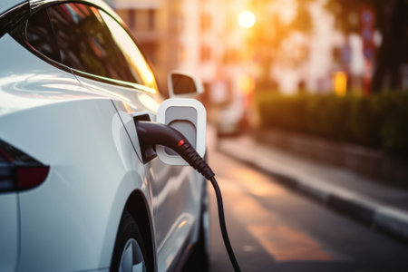Close-up view of charging station nozzle plugged in to electric vehicle on sunny summer evening. Alternative sustainable eco energy. Generative AI.の素材