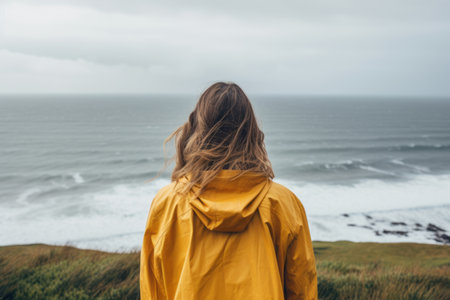 Young girl wearing raincoat standing on the edge of a cliff with huge waves rolling ashore. Rough Irish weather. Beautiful nature of Ireland. Generative AI.の素材