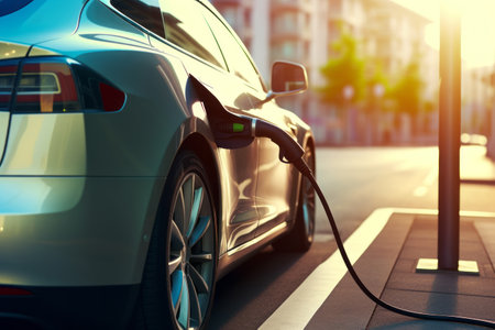 Close-up view of charging station nozzle plugged in to electric vehicle on sunny summer evening. Alternative sustainable eco energy. Generative AI.の素材
