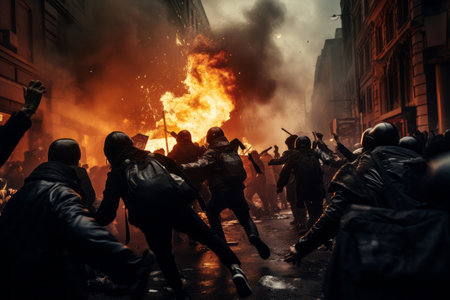 Protesters behaving violently, fighting, damaging buildings and vehicles. Angry mob protesting on the street. People participating in street riot. Police confronting crowds. Generative AI.の素材