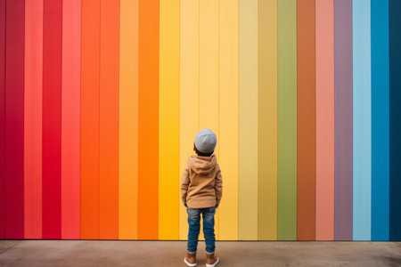 A child standing on front of rainbow colored wall. Child mental health concept. ASD, autism spectrum disorder awareness concept. Asperger's syndrome, early intervention. Generative AI.の素材