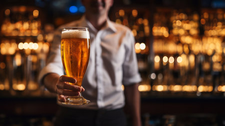 Handsome bartender serving a glass of fresh beer in traditional Dublin pub. Drinking alcoholic beverage. Saint Patrick's Day celebration. Generative AI.の素材