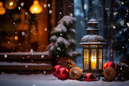 Lit lantern as a decoration of a front door on Christmas eve. Decorated and illuminated lantern on snowy New Years night. Snowy winter day. Generative AI.の素材