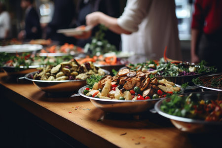 Different dishes in heated containers. Catering food during some fancy event, party or wedding reception. Generative AI.の素材