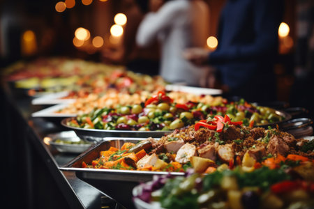 Different dishes in heated containers. Catering food during some fancy event, party or wedding reception. Generative AI.の素材