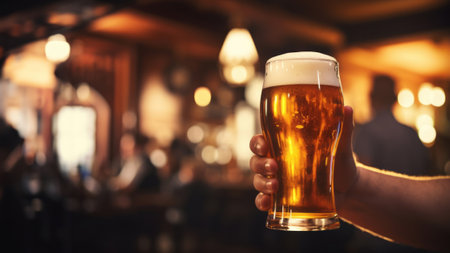Bartender serving a glass of fresh beer in traditional Dublin pub. Drinking alcoholic beverage. Saint Patrick's Day celebration. Generative AI.の素材