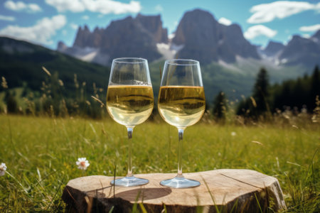 Two glasses of white wine on a picnic blanket, overlooking beautiful mountain landscape. Drinking wine, sunny day in Alps. Generative AI.の素材