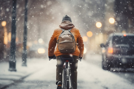 A man riding a bicycle in winter city during massive snowfall. Cycling in difficult weather conditions. Generative AI.の素材