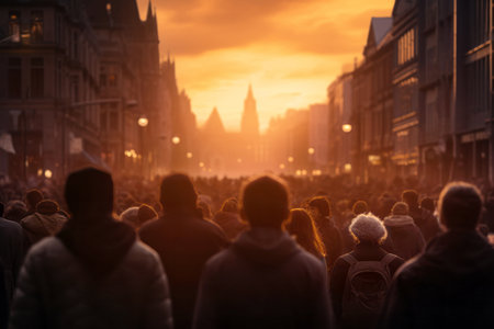 Crowd of people walking on sunrise in the city streets. Busy morning in big city. Generative AI.の素材