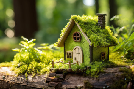 Miniature wooden house made of natural materials found in forest. Tiny eco cabin covered with moss on a backdrop on trees. Ecology concept. Generative AI.の素材