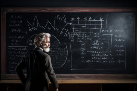 Senior professor writing formulas on a blackboard. Elderly university professor pointing on board while having lecture at college. Generative AI.の素材