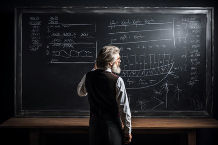 Senior professor writing formulas on a blackboard. Elderly university professor pointing on board while having lecture at college. Generative AI.の素材