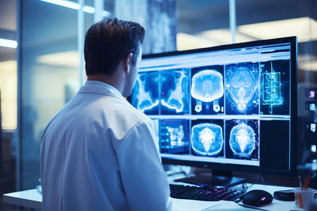 Professional neuroscientist analyzing CT scan. Neurology doctor studying scans on a monitor in hospital lab. Generative AI.の素材