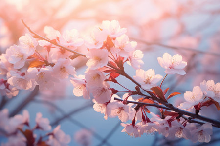 Beautiful cherry tree blossoming on spring. Beauty in nature. Tender cherry branches on sunny spring day outdoors. Generative AI.の素材