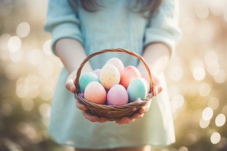Child holding a basket of pastel colored Easter eggs on sunny spring day. Celebrating Easter outdoors. Generative AI.の素材