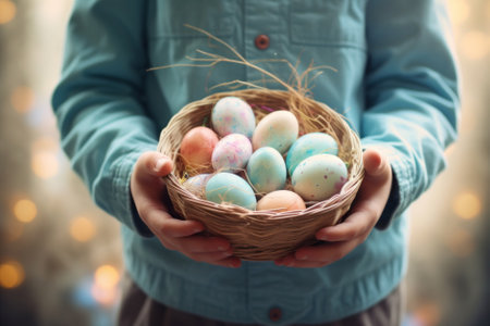 Child holding a basket of pastel colored Easter eggs on sunny spring day. Celebrating Easter outdoors. Generative AI.の素材