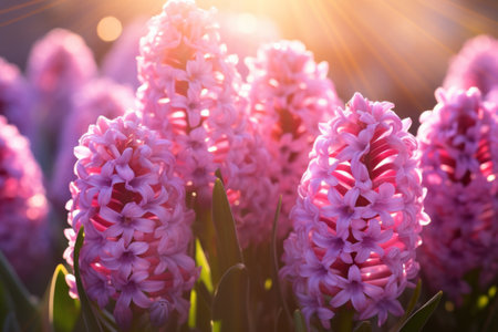 Beautiful purple hyacinth flowers blossoming in a garden on sunny spring day. Beauty in nature. Generative AI.の素材