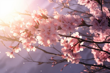 Beautiful cherry tree blossoming on spring. Beauty in nature. Tender cherry branches on sunny spring day outdoors. Generative AI.の素材