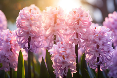Beautiful purple hyacinth flowers blossoming in a garden on sunny spring day. Beauty in nature. Generative AI.の素材