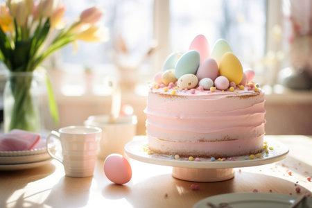 Beautifully decorated Easter cake with white frosting and pastel colored sugar eggs. Easter celebration with family at home. Traditional Easter dishes. Generative AI.の素材