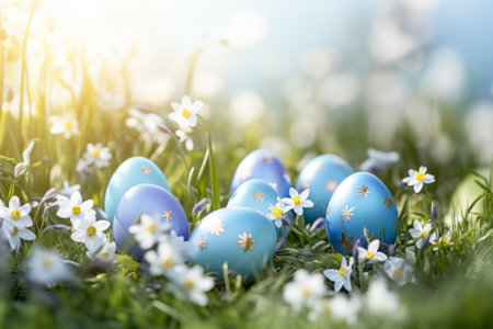 Beautiful pastel blue eggs and flowers in spring grass meadow over blue sky with sun. Generative AI.の素材