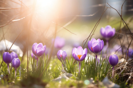 Beautiful purple crocus flowers blossoming in a garden on sunny spring day. Beauty in nature. Generative AI.の素材