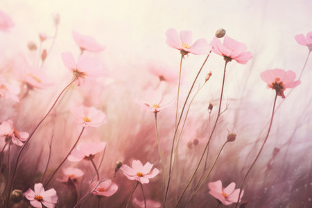 Pink wild flowers blossoming in foggy spring meadow on sunny sunrise. Generative AI.の素材