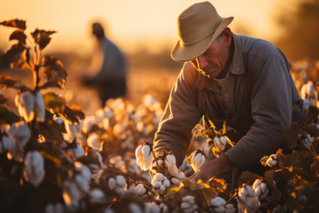 Senior man wearing sunhat hand picking cotton balls in the cotton field. Elderly worker harvesting cotton on sunny day. Generative AI.の素材