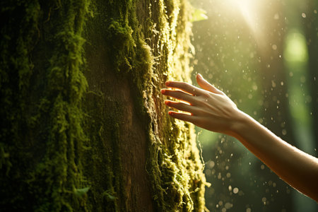 Close-up of woman's hand touching an old tree. Hand of a girl caressing tree trunk covered with moss. World Earth Day. Save the planet nature environment concept. Generative AI.の素材