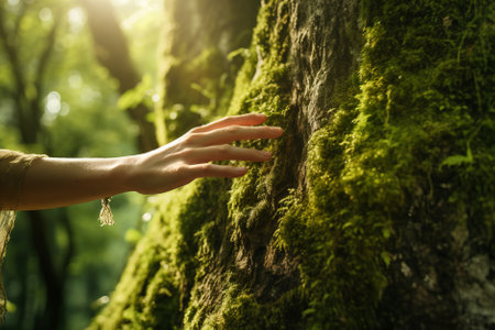Close-up of woman's hand touching an old tree. Hand of a girl caressing tree trunk covered with moss. World Earth Day. Save the planet nature environment concept. Generative AI.の素材