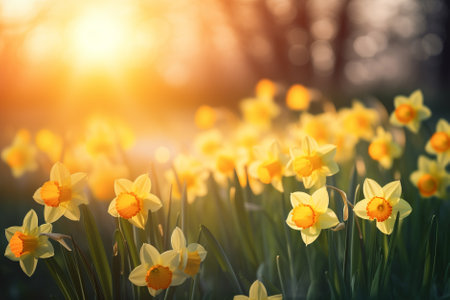 Beautiful bright yellow daffodil flowers blossoming in a garden on sunny spring day. Narcissus blooming in nature. Generative AI.の素材