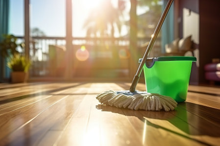 Mop and bucket on a wooden floor in sunny living room. Cleaning supplies ready for spring cleaning. Generative AI.の素材