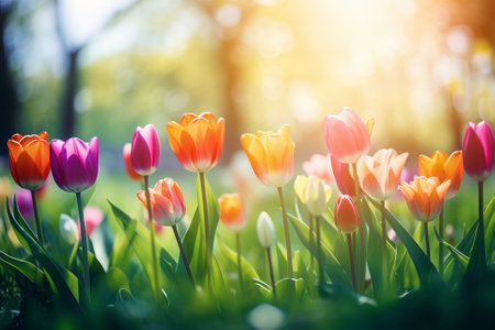 Colorful tulips grow in flower bed in the spring garden. Beautiful spring nature. Generative AI.の素材