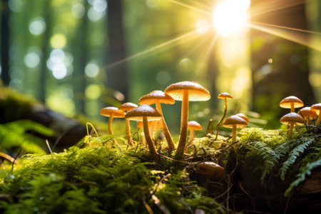 Fairytale hallucinogenic mushrooms growing in green moss in sunny magical forest. Generative AI.の素材