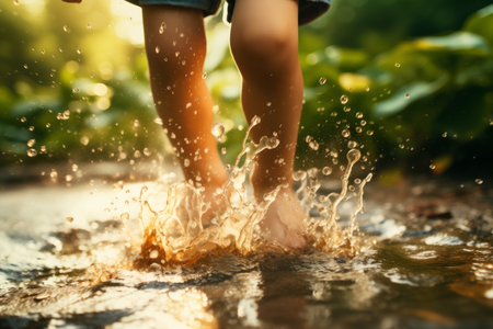 Toddler child jumping in a a puddle on sunny summer evening in city park. Child exploring nature. Fun spring activities for small kids. Generative AI.の素材