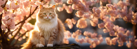 Friendly happy cat playing in a blossoming pink cherry tree garden on spring day. Walking a pet outdoors. Generative AI.の素材