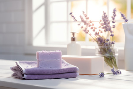 Handmade pastel purple lavender soap in white sunny bathroom. Home made spa, skincare and cosmetology concept. Generative AI.の素材