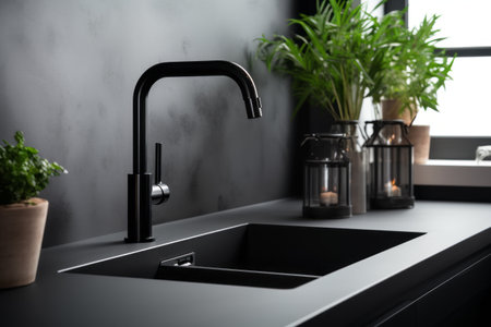 Black kitchen faucet with a black sink and green plants in a stylish modern kitchen. Safe to drink tap water. Generative AI.の素材