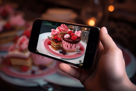 Close-up on woman hands taking photo of a dessert. Food photography with smart phone. Social media photography. Generative AI.の素材