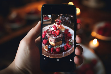 Close-up on woman hands taking photo of a dessert. Food photography with smart phone. Social media photography. Generative AI.の素材