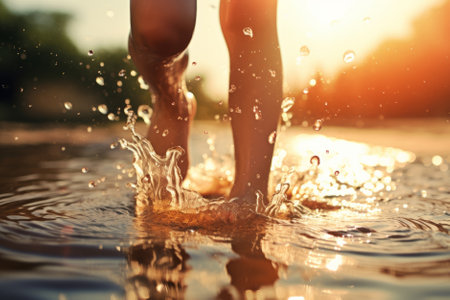 Toddler child jumping in a a puddle on sunny summer evening in city park. Child exploring nature. Fun spring activities for small kids. Generative AI.の素材